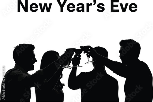 Silhouette of people celebrating new years eve with sparkling wine isolated on white background