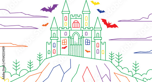 Colorful castle with flying bats and clouds vector