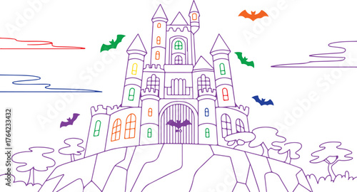Colorful castle with flying bats and swirling clouds