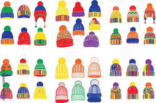 Colorful knitted winter hats with pom poms knitted hats