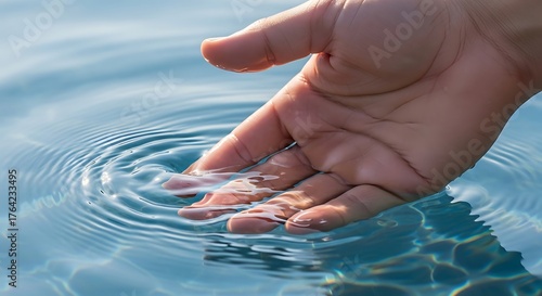 Human hand reaching down to touch the cool water, captured in a high-speed shot emphasizing the circular wave effect