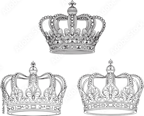 Ornate royal crowns detailed line art regal symbol