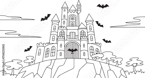 Spooky castle with flying bats and whimsical trees