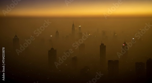Silhouetted skyscrapers in a hazy city at golden hour.