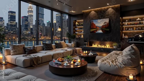 A cozy and modern living room with a long fireplace and a stunning view of the city skyline at night. Soft lighting and comfortable seating create an inviting and relaxing atmosphere.