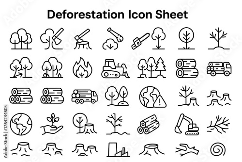 Deforestation Icon Sheet: Illustrated sheet with linear icons to represent the act of deforestation, highlighting the threats to the environment. 
