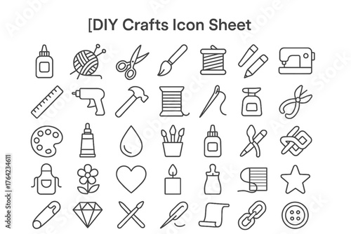 Crafting Essential Icon Array: A comprehensive collection of DIY craft icons, presented in a clean and organized format, perfect for representing a variety of creative projects and hobbies.