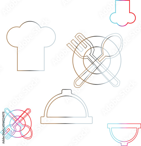 Collection of colorful line art icons for cooking and dining themes.