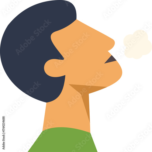 Profile of young man exhaling visible air in cold weather, creating a steam cloud from his mouth