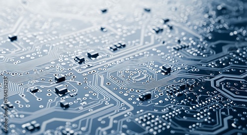 Intricate circuit board pattern with microchips and delicate trace lines in cool blue tones