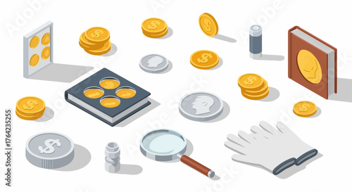 Isometric collection of numismatic objects including gold and silver coins, magnifying glass, storage albums, and collector gloves on a white background.