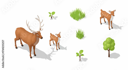 Isometric wildlife and nature assets set featuring a stag, two fawns, grass tufts, and small trees isolated on a white background for environment design.