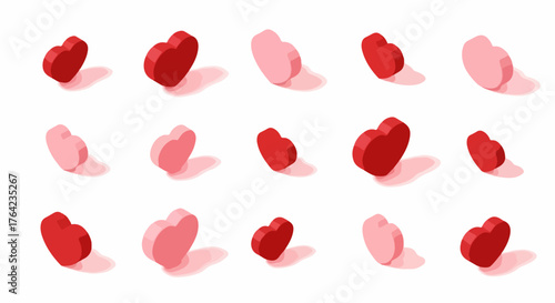 Seamless pattern of isometric 3D hearts in red and pink on a white background, symbolizing love and romance for Valentine's Day designs.