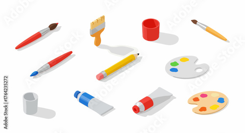 Isometric illustration of various art supplies collection: paintbrushes, palettes, paint tubes, and pencils, isolated on white background.