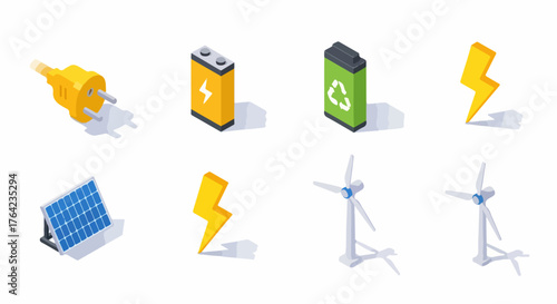 Isometric energy icons set: electrical plug, batteries, lightning, solar panel, and wind turbines, representing power and sustainability.