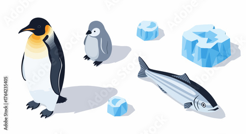 Isometric vector set of Antarctic wildlife: adult and baby emperor penguins, fish, and ice blocks, symbolizing the cold polar environment.