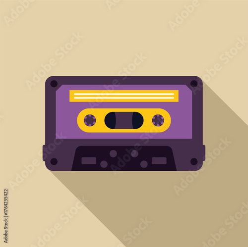 Retro purple audio cassette with yellow label playing music, a nostalgic symbol of 80s and 90s music culture
