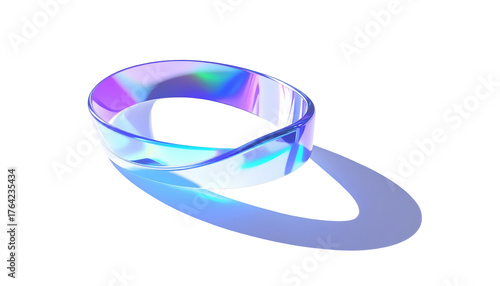 Iridescent Transparent Ring with Shadow on White Background.
