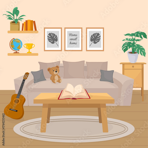 Classinc living room sofa bedside room plant coffee desk frames books on shelf home decor