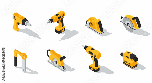 Isometric set of yellow power tools: industrial drill, circular saw, sander, and planer icons for construction and repair concepts.