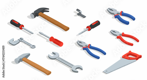Isometric vector illustration set of construction and repair hand tools, including hammers, screwdrivers, pliers, wrenches, and saw on white background.