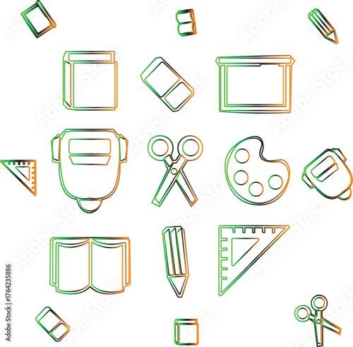 Collection of school supplies and art tools for education.