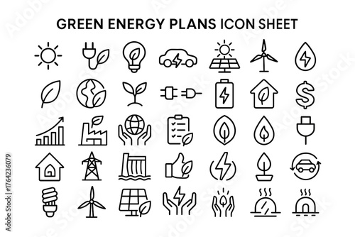 Green Energy Icon Sheet: A collection of meticulously crafted line icons representing various aspects of sustainable energy and environmental conservation.