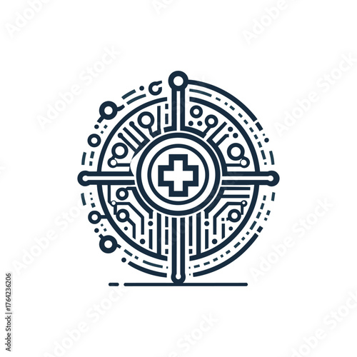 Abstract medical technology symbol with a plus sign in the center.