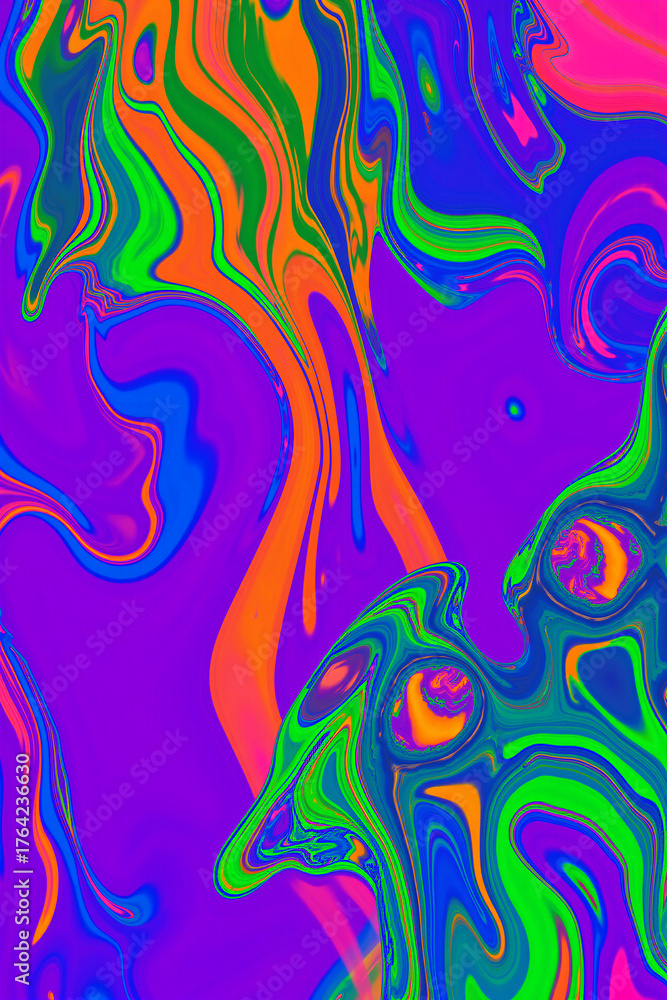 Obraz premium The image shows an abstract painting with a vibrant array of colors including bluem green, red, orange, pink, and purple. the painting has a psychedelic feel to it