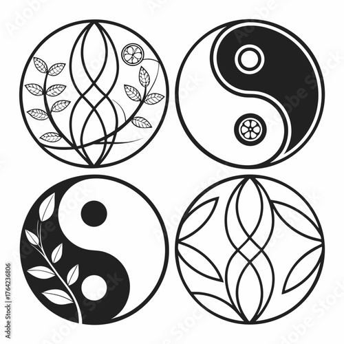 Four yin yang symbols in black and white