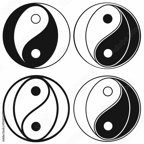 Four yin yang symbols in black and white