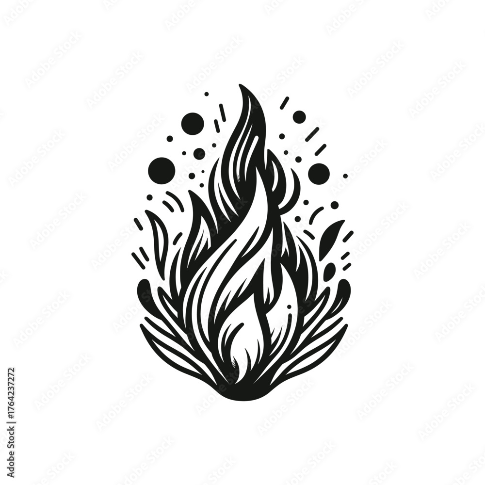 Naklejka premium A stylized black and white illustration of a dynamic flame with sparks and decorative elements.
