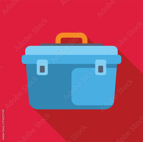 Closed light blue lunch box with orange handle, latches, and long shadow on red background