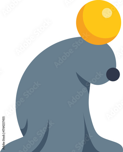 Cartoon seal balancing a yellow ball on its nose during a circus show