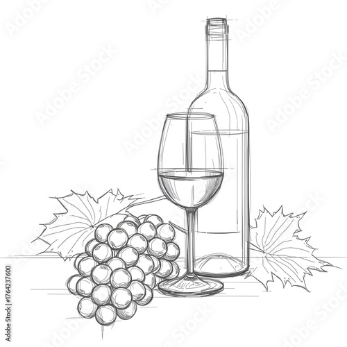 Elegant vector illustration of a wine bottle glass grapes and leaves classic design.Scalable vector graphic featuring a bottle of wine a glass of wine grapes and autumn leaves ideal for culinary theme