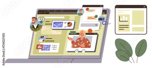 Laptop screen displaying video calls, charts, messages, and analytics, symbolizing teamwork, digital connection, and productivity. Ideal for remote work, webinars online learning data sharing