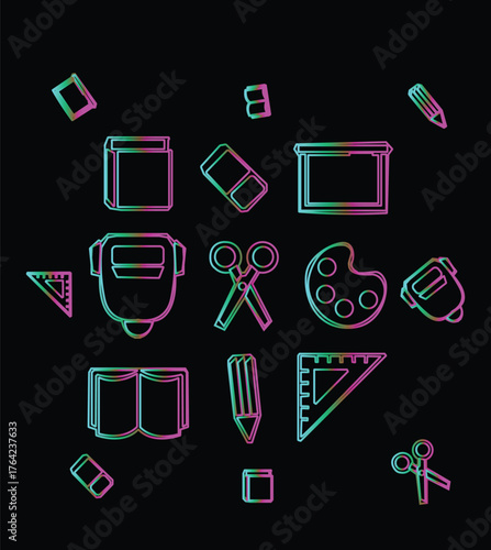Collection of School Supplies and Art Tools in Outline Style.