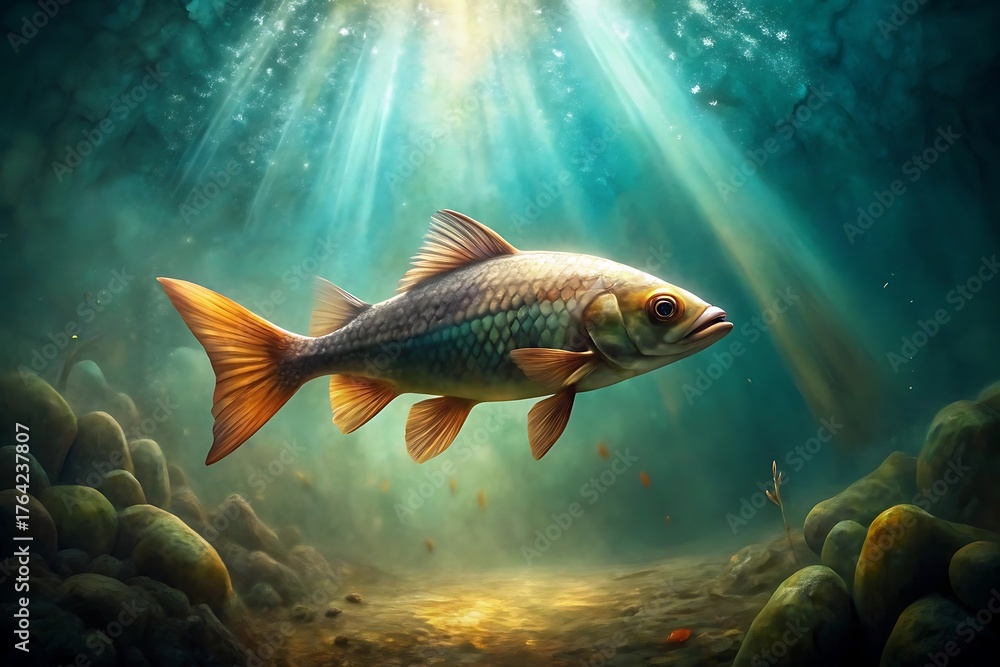 Naklejka premium A solitary freshwater fish swimming amidst rocks and sunlit water