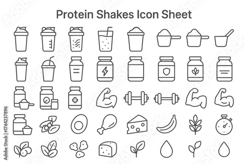 Protein Shakes Icons: A comprehensive icon sheet showcasing a variety of protein shakes and related fitness elements, perfect for health and wellness applications.