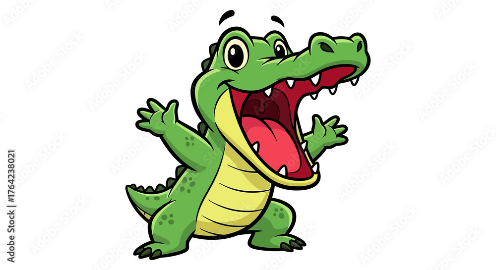 Fototapeta premium Happy cartoon alligator with mouth wide open and arms raised in excitement