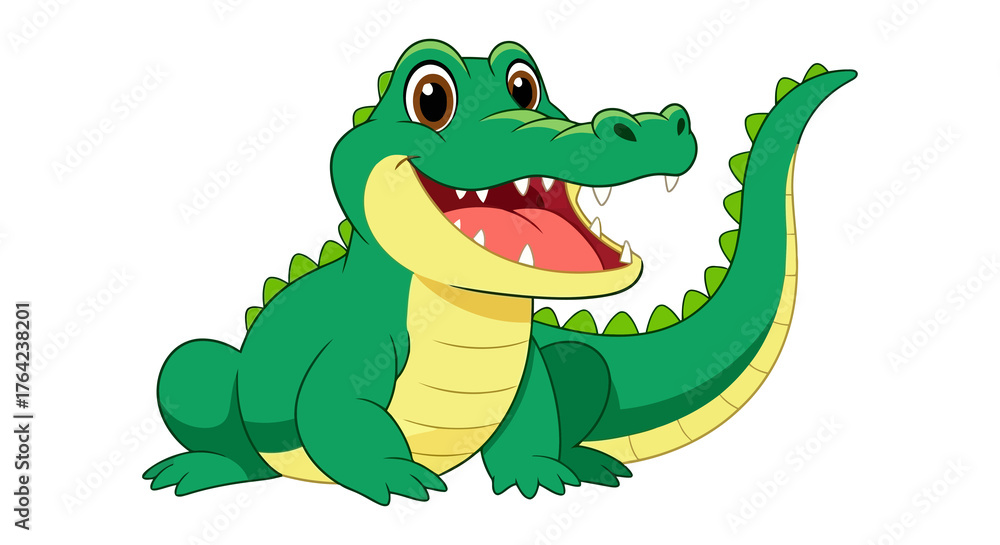Naklejka premium Cute cartoon alligator smiling with mouth open and sharp teeth, playful reptile character