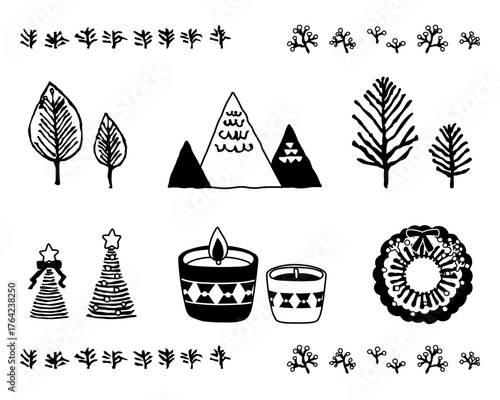 かわいい冬モチーフのモノクロデザインセット	