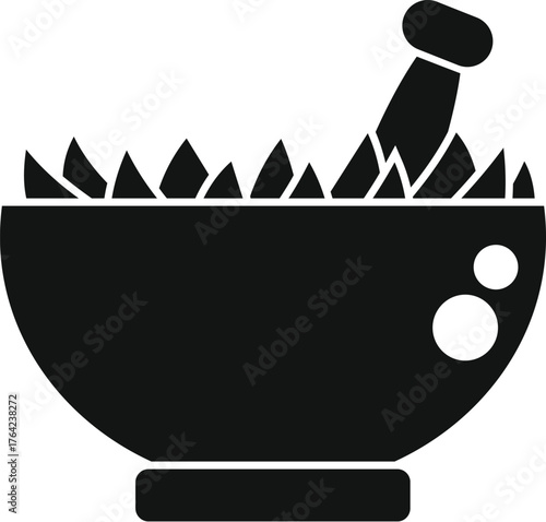 Black and white icon of a mortar and pestle grinding herbs, symbolizing herbal medicine and traditional remedies