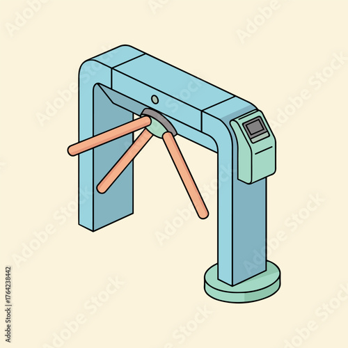 Isometric illustration of a blue turnstile with orange bars and a small screen.