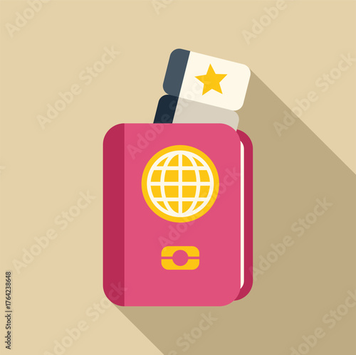 Pink international passport with airline ticket and star, emigration and immigration concept, flat design vector illustration with long shadow