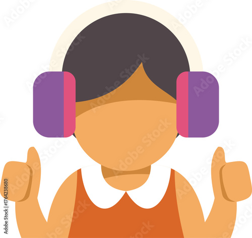 Girl enjoying music with headphones and gesturing thumbs up sign, expressing approval and satisfaction