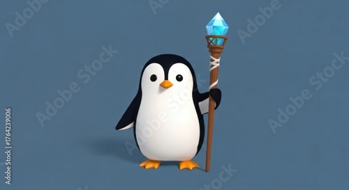 Charming 3D Render of a Penguin Character Holding a Glowing Magical Staff Illustration