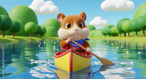 Charming animated hamster paddling a yellow canoe on a sparkling blue river amidst nature