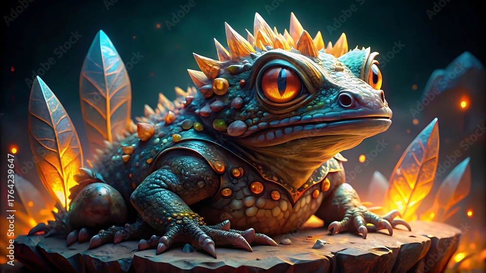 Obraz premium A fantastical crystalline toad with glowing eyes and spiky features