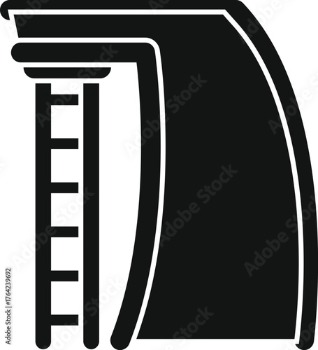 Simple black glyph icon representing an aquapark slide with a ladder, perfect for summer fun and water park activities